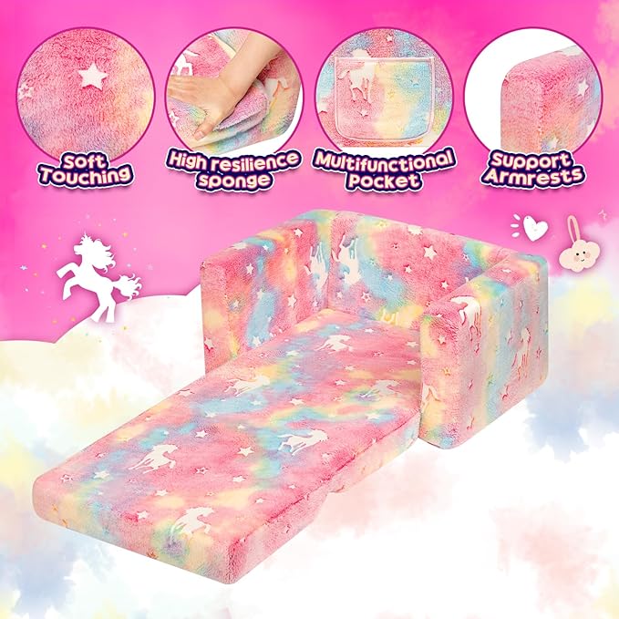 ALIMORDEN 2-in-1 Flip Out Cuddly Sherpa Toddler Couch, Convertible Sofa to Lounger,Glow-in-The-Dark Unicorn Pattern