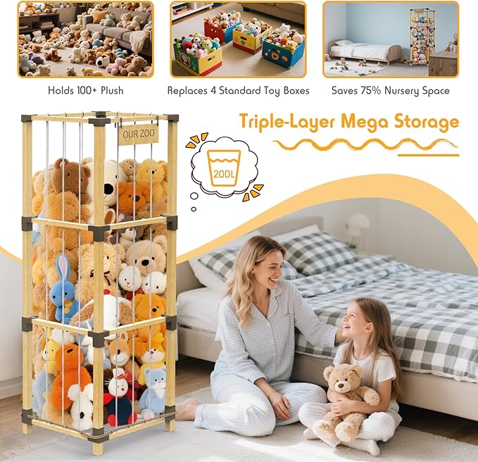 200L Stuffed Animal Zoo Storage, 3-Tier Extra Large Stuffed Animal Holder, Solid Bamboo Plushies Storage Tower with Mesh Pocket and Elastic Cords, Space Saver for Nursery Playroom Bedroom