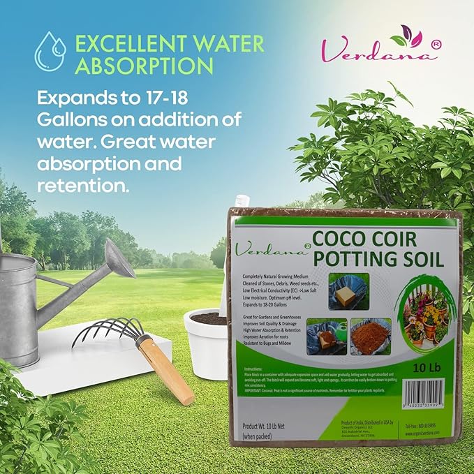 Verdana Coco Coir Potting Soil Brick – 10 Lb - Peat Moss Alternative for Potting Mix, Raised Bed Soil, Organic Gardening & Seed Starting - Compressed Coconut Fiber Block Expands to 18 Gallons