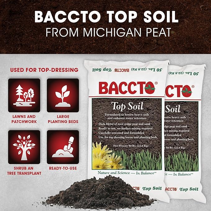 Michigan Peat Baccto Top Soil for Lawns, Gardens, and Raised Planting Beds with Reed Sedge, Peat, and Sand, 50 Pounds (2 Pack)