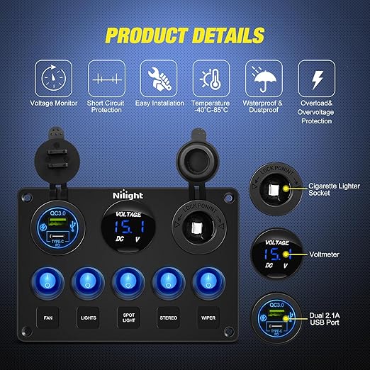 Nilight 5 Gang Multi Function Waterproof Switch Panel PD Type C and USB Charger Digital Voltmeter 12V Outlet Rocker with Inline Fuse for RVs Cars Boats Trucks Trailers