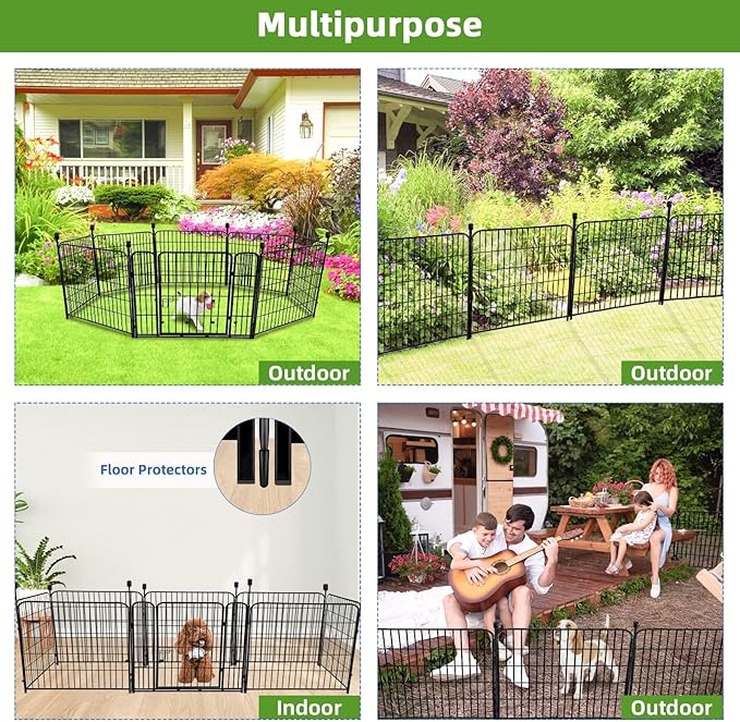 ADAVIN 40 in(H) Garden Fence with Low Threshold Door, Dog Fence Outdoor for Yard, 8 Panels Total 17.7 Ft(L) Dog Playpen，Black Metal Dog Play Pen Indoors, Pet Puppy Playpen for Camping, Dog Fencing