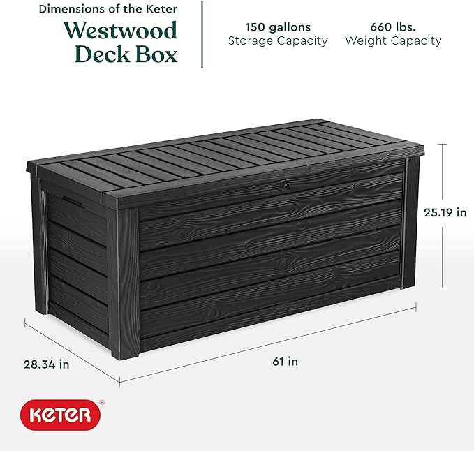 Keter Westwood 150 Gallon Resin Large Outdoor Storage Box for Patio Furniture, Outdoor Cushions, Garden Tools and Pool Floats, Dark Grey