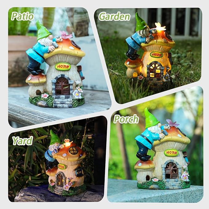 Garden Gnome Statue - Solar Powered Gnome Lights Decoration Outdoor Figurines for Yard with Gnome Building Mushroom House, Lawn Ornaments for Porch Balcony Patio Decor, Gifts for Mom Grandma