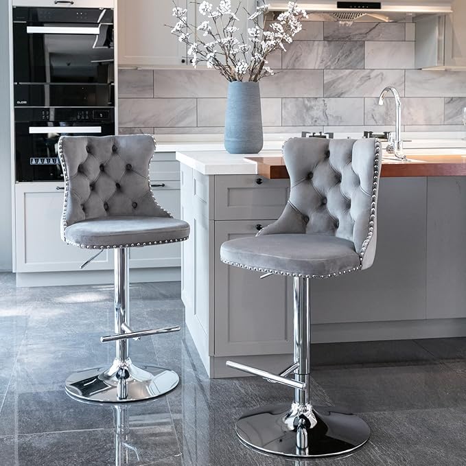 PacknWood Acosure Swivel Velvet Barstools Adjusatble Seat Height from 25-33" with Comfortable Tufted,Modern Upholstered Chrome Base Bar Chairs,for Home Pub Kitchen,Gray,Set of 2