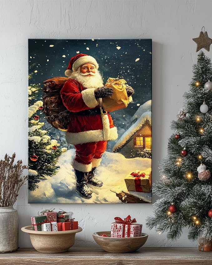 Vintage Santa Claus Christmas Canvas Wall Art - Festive Holiday Painting for Living Room,Bedroom & Bathroom, Cozy Winter Decor Framed Print, Perfect Christmas Gifts & Home Decoration