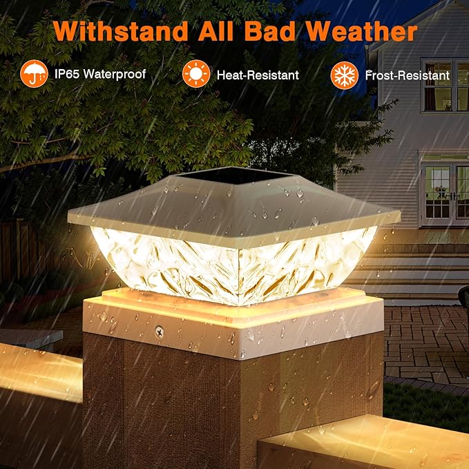Solar Post Cap Lights Outdoor, 2 Mode Bright Solar Post Lights Outdoor Waterproof Fence Post Cap Lights, Outdoor Post Lights Solar Powered Deck Light for 4x4 4.5x4.5 5x5 Posts, 2 Pack