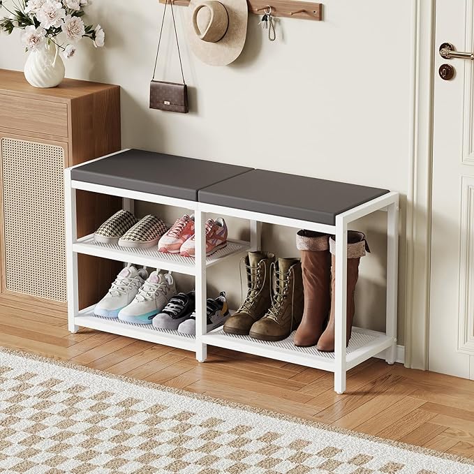 ZHOOGE Shoe Bench & Rack Storage Bench with Seat Cushion, Stable Entryway Bench Holds Up to 300 lb, (35" L x 12" W x 17" H, White)