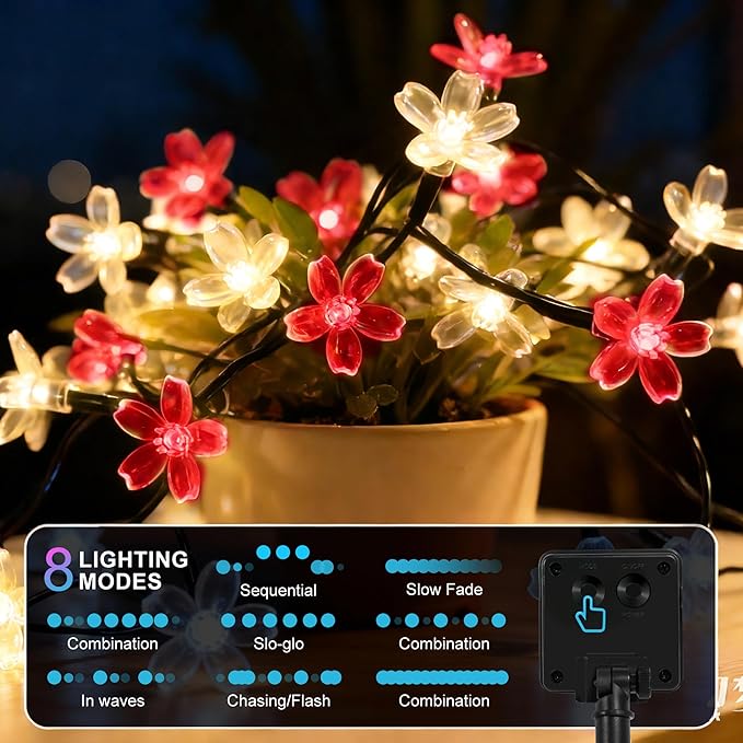 60 LED Solar String Lights Outdoor Waterproof Flower Fairy Lights for Garden Fence Patio Yard Christmas Tree Lawn Wedding Party Decor, Red and Warm White