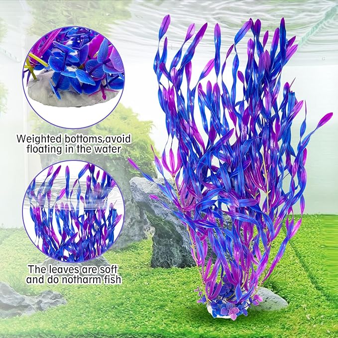 Hamiledyi Tall Aquarium Plants 23 Inches - Fish Tank Decorations, Artificial Green Water Plants Grass Cluster, Soft Plastic Fake Decor 2PCS（Purple Style C）