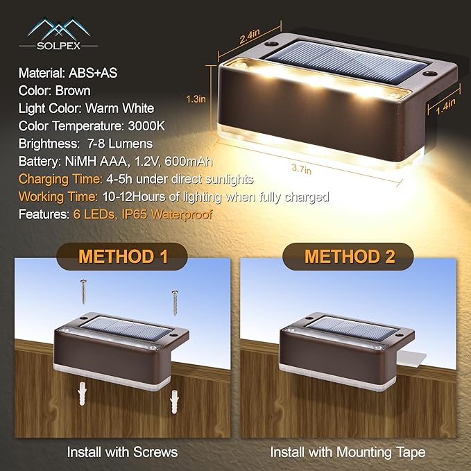 SOLPEX Solar Fence Lights, 6 LEDs Solar Lights Outdoor Waterproof Solar Powered for Deck, Stair, Front Porch, Balcony, Walkway, Garden, Yard, Patio, Pool Decor, IP65 Waterproof (12 Pack, Warm White)