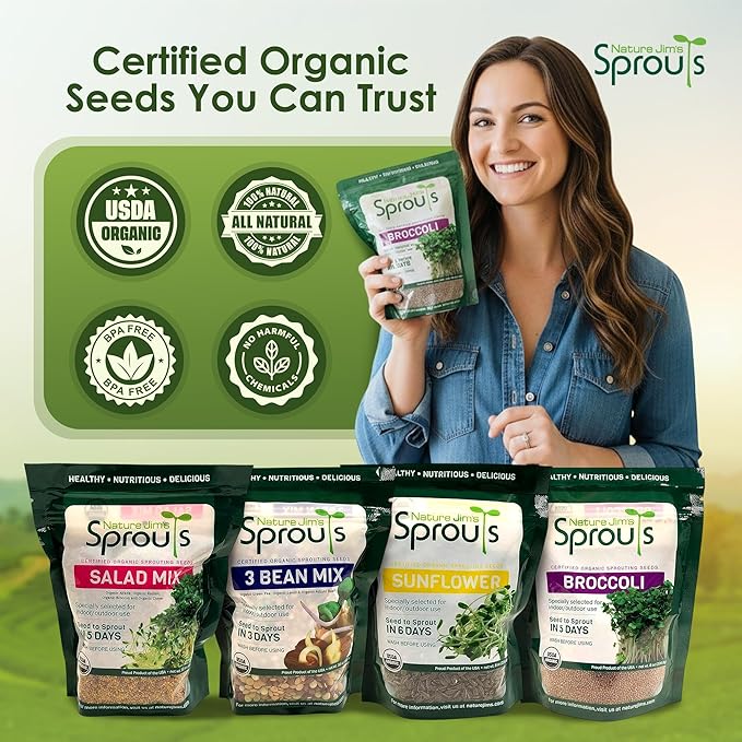 Nature Jims Sprouts Organic Salad Mix – Non-GMO Microgreen Seeds for Growing – Healthy Broccoli, Alfalfa, Radish & Clover Sprouting Variety Blend – Microgreens & Sprouts Seeds for Home Gardening – 1lb