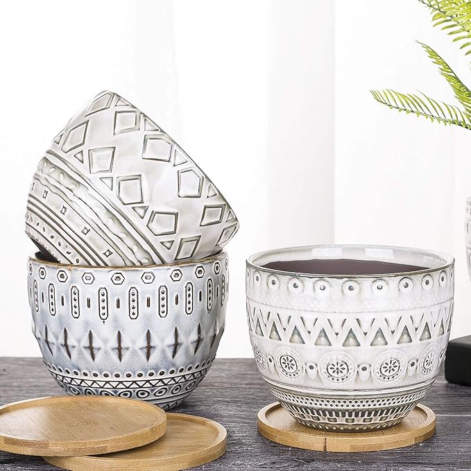 VanEnjoy 5.5 inch Large Round Bohemian Style Ceramic Planter, Geometry Engrave Off White Brown Succulent Planter Flower Pot - Indoor Outdoor Decorative Planter
