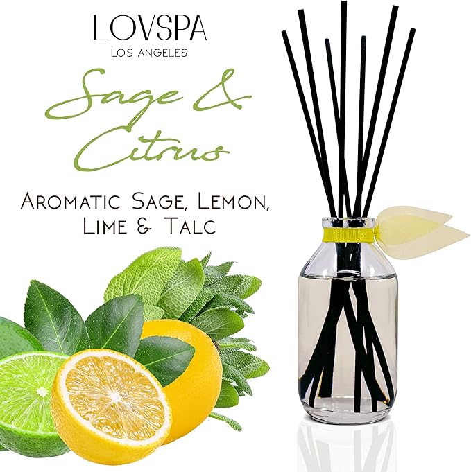 LOVSPA Reed Diffuser Set, Sage & Citrus Scented Oil Diffuser with Sticks, Home Fragrance Accessories for Bathroom Shelf Decor, Aroma Diffusers for Home or Office Desk, USA Made