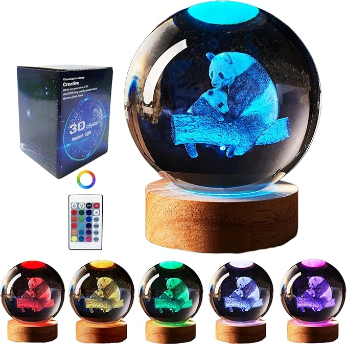 Crystal Ball Panda Family Night Light, 3.15 Inch K9 Crystal Glass Ball, 16 Color Change with Remote Control, Wooden Base Table Lamp, Birthday &