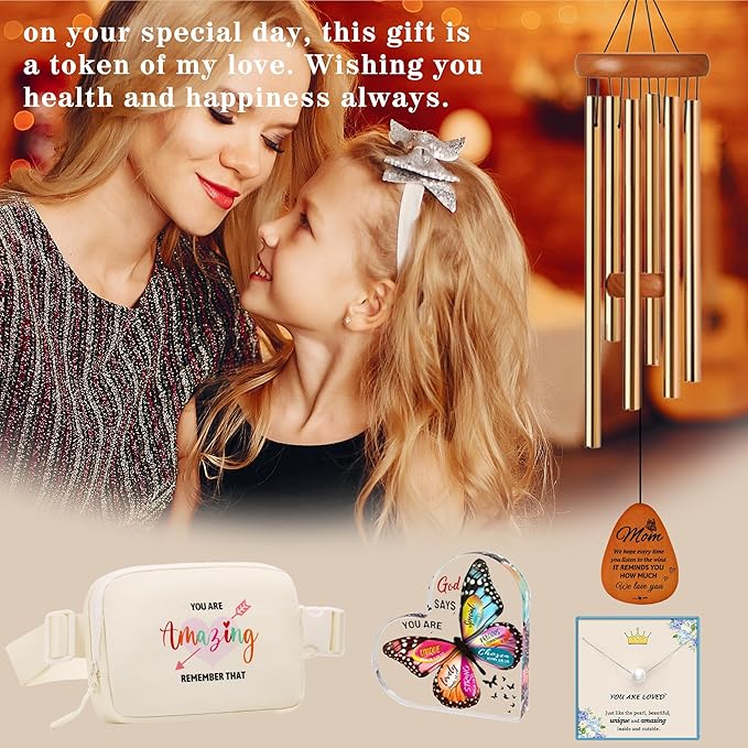 Christmas Basket Gifts for Mom from Daughter, Gift Baskets for Women Mom Gifts Butterfly Wind Chimes, Birthday Easter Basket Thank You Gift