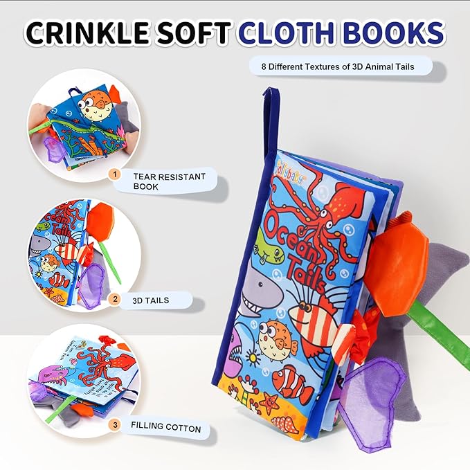 Jollybaby Baby Cloth Books, Touch & Feel Crinkle Soft Books, for Infants Babies, Toddler Early Educational Interactive Stroller Toys, Baby Girl & Boy Gift(Ocean Tails)