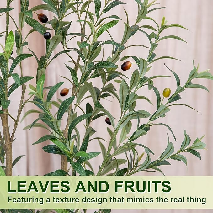 6FT Olive Tree Artificial Indoor, 72in Tall Faux Olive Tree with Pot, Fake Potted Tree with Fruits for Home Office Decor