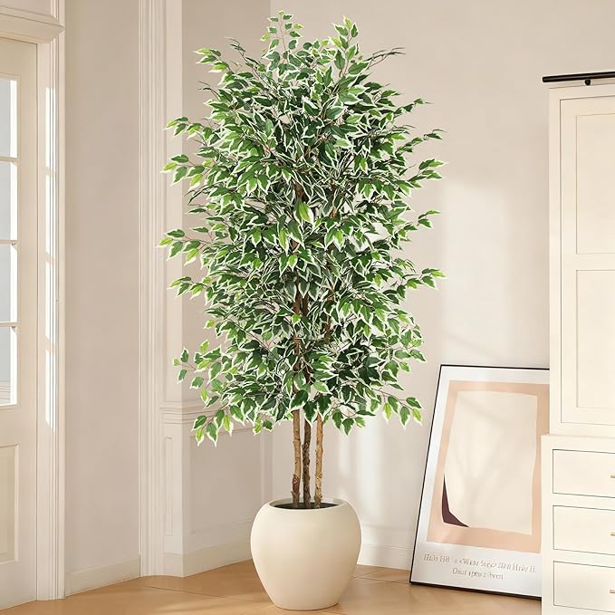 GTIDEA 7ft Ficus Artificial Trees, Tall Faux Trees Indoor with Natural Trunk and Fake Silk Tree Fake Plants for Home Decor Living Room Outdoor Balcony House Office (Included Dried Moss)