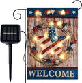 Welcome Patriotic Barn Star Garden Flag with Lights- Solar LED Burlap Mini Small All Seasons Garden Flag Welcome Sign 12x18 Double Sided for Outside Outdoors Patio Lawn Yard Decoration Farmhouse