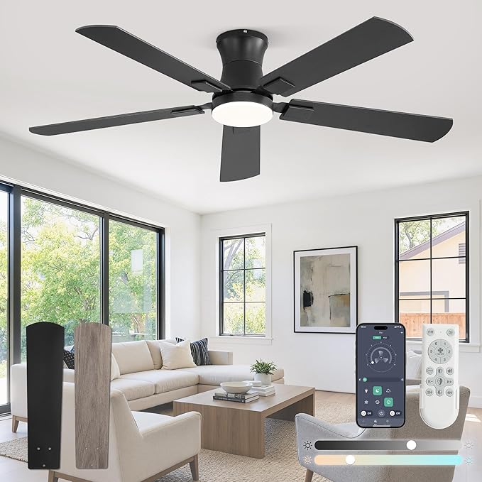 Fanbulous 52 inch ceiling fan with light, Low Profile Ceiling Fan with Light, App&Remote Control, Dimmable LED Light, Flush Mount Ceiling Fan for Indoor Bedroom Living Room, Qiuet DC Motor, Black