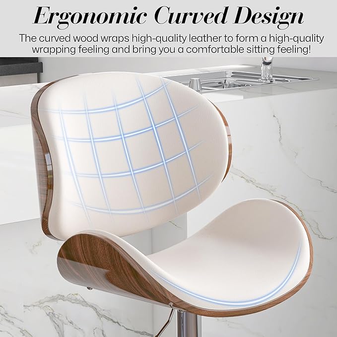 Adjustable Swivel Bar Stools Set of 3, Modern Bentwood Barstool with Large Metal Base and Footrest, PU Leather Upholstered Bar Chair with Curved Back for Kitchen Island Dining Room, White