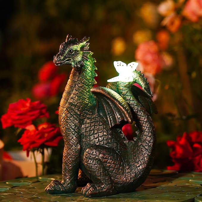 Nacome Solar Dragon Outdoor Statues for Garden: Outside Decor with Butterfly Clearance for Yard Art Lawn Ornaments Porch Patio Balcony Home House for Grandma Mom Women