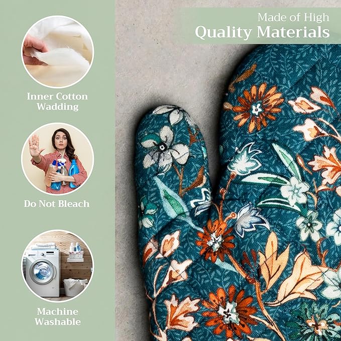 Maison d' Hermine Oven Gloves 100% Cotton Oven Mitt 7" x 13" with Loop Heat Resistant BBQ Cooking Gloves for Thanksgiving Christmas Decorations Handling Hot Pans (Pack of 1, Luxury Loft - Dark Teal)