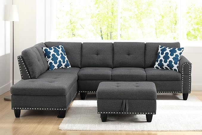 98 Inch L Shaped Sectional Sofa with Chaise Lounge, Storage Ottoman and 2 Pillows, 4-Seaters Linen Upholstered Tufted Couch w/Cupholder & Nailhead Trim for Living Room, Office, Dark Gray