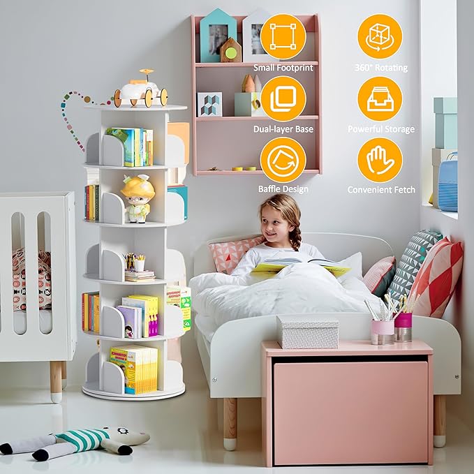 5 Tier Rotating Bookshelf Tower, 360 Display Wood Spinning Bookshelf Tower Revolving Bookcase, 360 Book Shelf Storage Round Carousel, Vertical Rotate Turning Spiral Corner Organizer for Bedroom, White