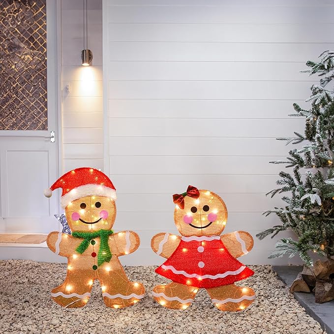 Dazzle Bright Christmas Outdoor Decorations Yard, 2-Piece Lighted 2D Gingerbread Man with 50 L, 23 Inch Pre-Lit Light Up Gingerbread Man, Xmas Festive Holiday Front Garden Patio Yard Lawn Display