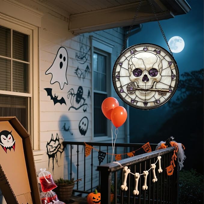 Stained Glass Window Hanging - Halloween Scary Skull Suncatcher for Doors Garden Home Spooky Purple Skeleton Key Sun Catchers Gothic Decor Horror Gifts for Women Men Friend Boy Girl 6.3 in