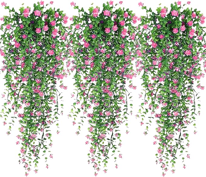 Artificial Hanging Flowers, 3 Pcs Fake Hanging Plants Artificial Vines for Outdoors, Fake Ivy Vine UV Resistant No Fade Faux Plants for Indoor Outside Garden Patio Yard Greenery Decoration (Pink)