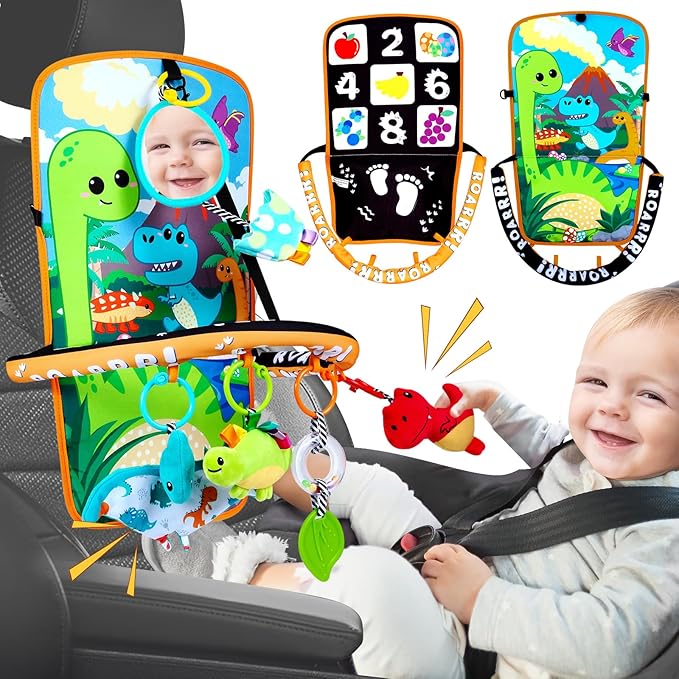 Baby Car Seat Dinosaurs Toys - Kick and Play Double Sided Infant Car Seat Toys with Plush Toys, Mirror, Teether for Baby, Babys Travel Activities, Christmas Birthday Gifts Newborn Infant Toys