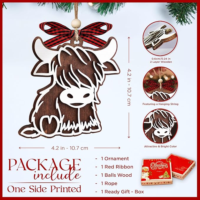 Highland Cow Ornament 2025-2 Layer Wooden Cow Ornaments for Christmas Tree - Highland Cow Gifts for Women - Cow Lover Gifts for Women - Amimal Lover Gift - Farm Animal Ornaments - Farmhouse Ornament