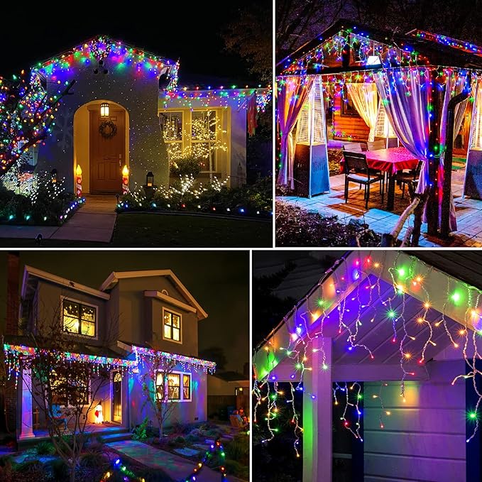Colored Christmas Lights Outdoor, 33ft 400 LED Icicle Lights for Outside House with Connectable Clear Wire 8 Modes Timer, Plug in Waterproof for Home Holiday Eaves Yard Party Room Indoor Decoration
