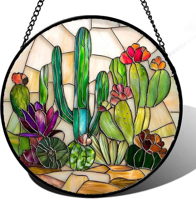 Stained Glass Window Hanging, White Green Cactus Suncatcher Diamond Glass Panel Hangings Sun Catchers Decor for Birthday for Women, Men, Wife, Aunt, and Mom 14.9x14.9 in