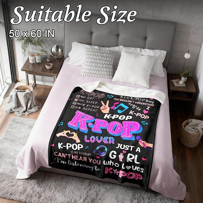 Kpop Gifts Blanket for Teen Girls - Music Gifts for Women Friends K-Pop Fans Lovers, Kpop Merch Stuff, Christmas Birthday Gifts for BFF Girls Women, Just A Girl Who Loves K-pop Blanket 80''x60''