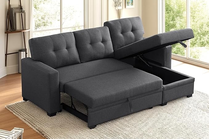 82 Inch Convertible Sleeper Sectional Sofa with Storage Chaise and Pull-Out Bed, Linen Upholstered Reversible Corner Couch, Modular L Shaped Couches for Living Room, Home Furniture, Dark Gray