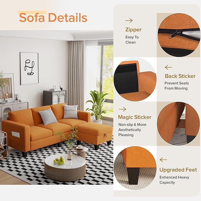 ZeeFu Convertible Sectional Sofa Couch,Classic 3 Seat L-Shaped Sofa Set with Movable Ottoman, Modern Orange Velvet Upholstered Small Sectional Sofa Couch for Small Space Apartment Living Room Office