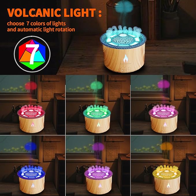 BOHOFAM Aroma Essential Oil Diffuser 360 ML,Volcano and Flame Diffuser/Humidifier,Give1.76 oz Hotel Collection Diffuser Oils,7 Colorful Light Change,Diffusers for Home,Large Room(Wood Grain)