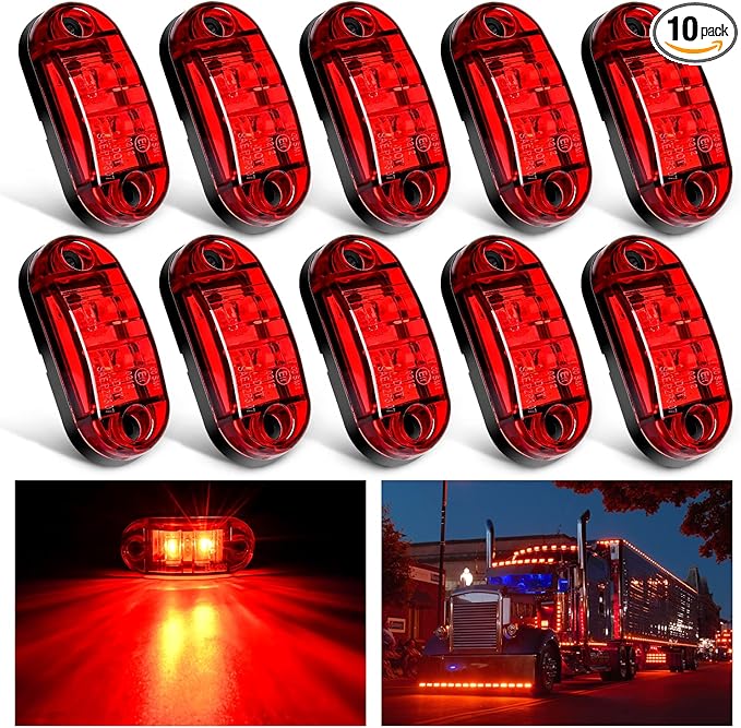 Nilight 2.5Inch Oval Side Marker Light 10PCS Red 2 Diode LED Clearance Trailer Fender Lights Waterproof Surface Mounted for 10-30V Truck Camper Boat Lorry