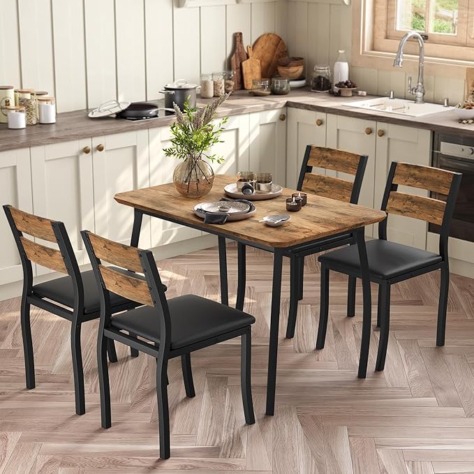 GAOMON 5 Piece Dining Table Set for 4, Space-Saving Kitchen Table with Upholstered Chairs, Modern Angled Corner Design, Compact Dinner Set for Small Spaces, Apartment, Dining Room, Retro Brown