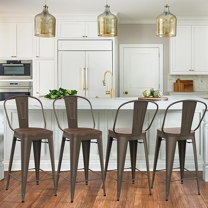 Yongqiang 26 inch Bar Stools Set of 4 Kitchen Counter Height Bar Chairs High Back Metal Barstools with Large Wooden Seat Industrial Rusty