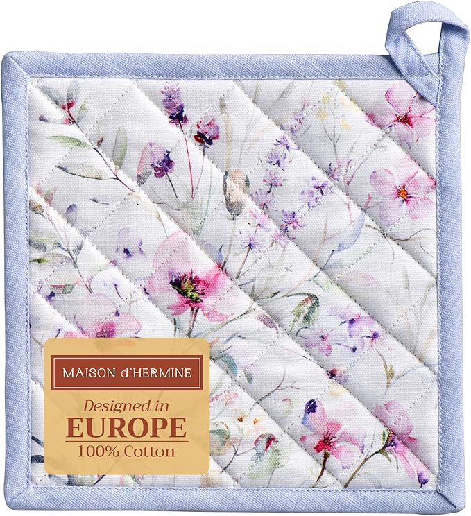 Maison d' Hermine Pot Holders 100% Cotton Heat Resistant Potholders 8" x 8" Hot Pads with Loop BBQ, Cooking, Baking, Grilling, Kitchen, Handling Hot Pans Spring/Summer (Pack of 1, Summer Floral)