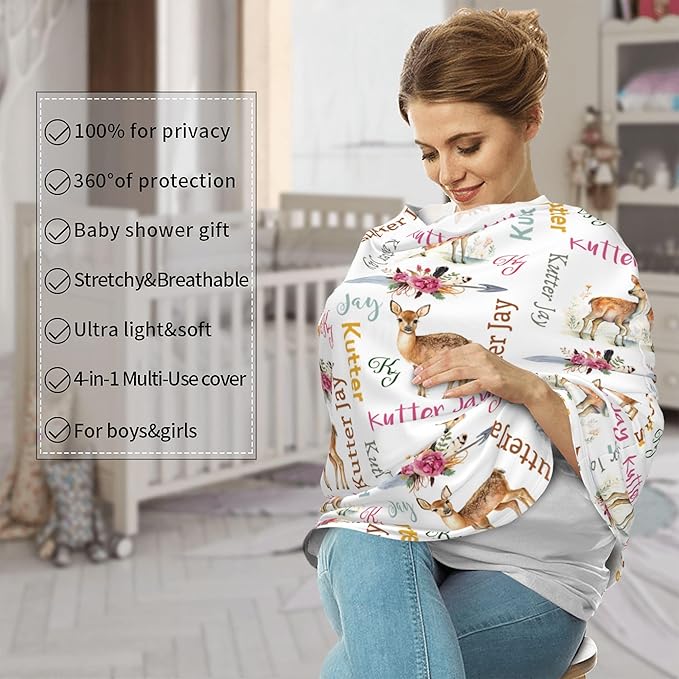 Personalized Deer Baby Car Seat Cover with Name,Multi-Use Canopy for Nursing, Strollers,Shopping Carts,Customized Breastfeeding Cover, Full Privacy,Infant Stroller Cover