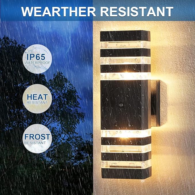 Dusk to Dawn Sensor Outdoor Wall Lights Up Down Porch Lights Modern Exterior Light Fixtures Photocell Waterproof Black Aluminum Housing for Front Porch, Patio, Garage (Use Two E26 Bulbs)