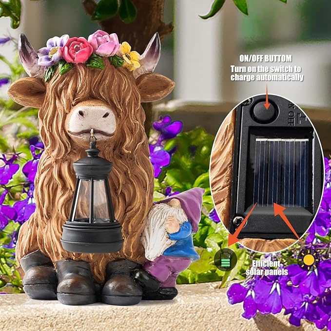 TOLIMI Garden Lantern Statues Resin Highland Cow with Gnome Outdoor Solar Light Decor Funny Decorations for Yard and Patio Gifts