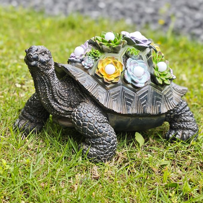 Solar-Powered Succulent Turtle Statue - Resin Garden Decor with LED Lights, Waterproof Outdoor Ornament for Patio, Yard, Lawn - Unique Housewarming Gifts