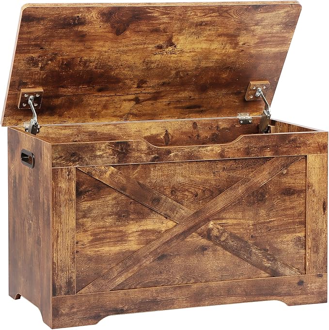 Storage Chest, Wooden Storage Bench, Entryway Shoes Bench with 2 Safety Hinges, Retro Storage Trunk for Living Room, Bedroom, 15.7 x 31.5 x 18.9 Inches, Rustic Brown